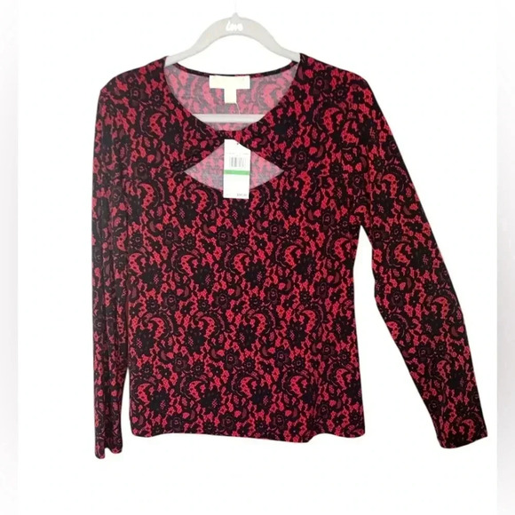 Tops - NWT Michael Kors $98 Retail Large Crimson Red Black Lace Print